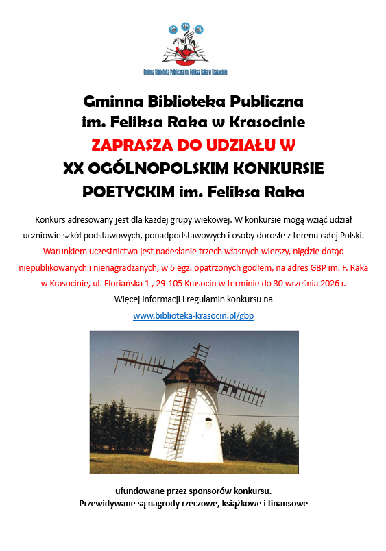 XX Ogólnopolski Konkurs Poetycki im. F. Raka 2026 PLAKAT XX Ogólnopolski Konkurs Poetycki im. F. Raka 2026 PLAKAT